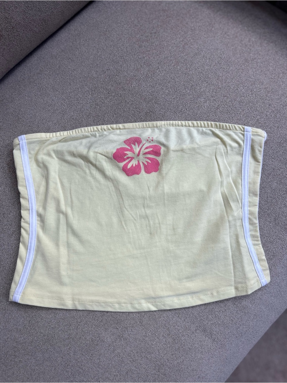 Grayson Threads Pale Yellow Tube Crop Top with Pink Hibiscus